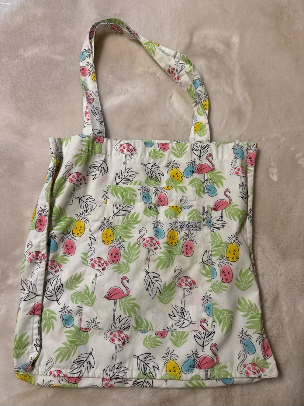 Uniform Advantage White Tote with Pink Flamingo and Multicolor Fruit Print